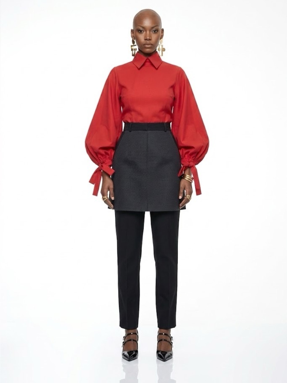 RICH MNISI Red Balloon-Sleeve Women's Collared Blouse